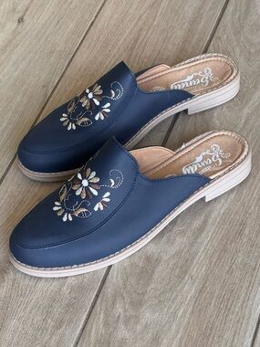 Embroidered Navy Slip-On Mules